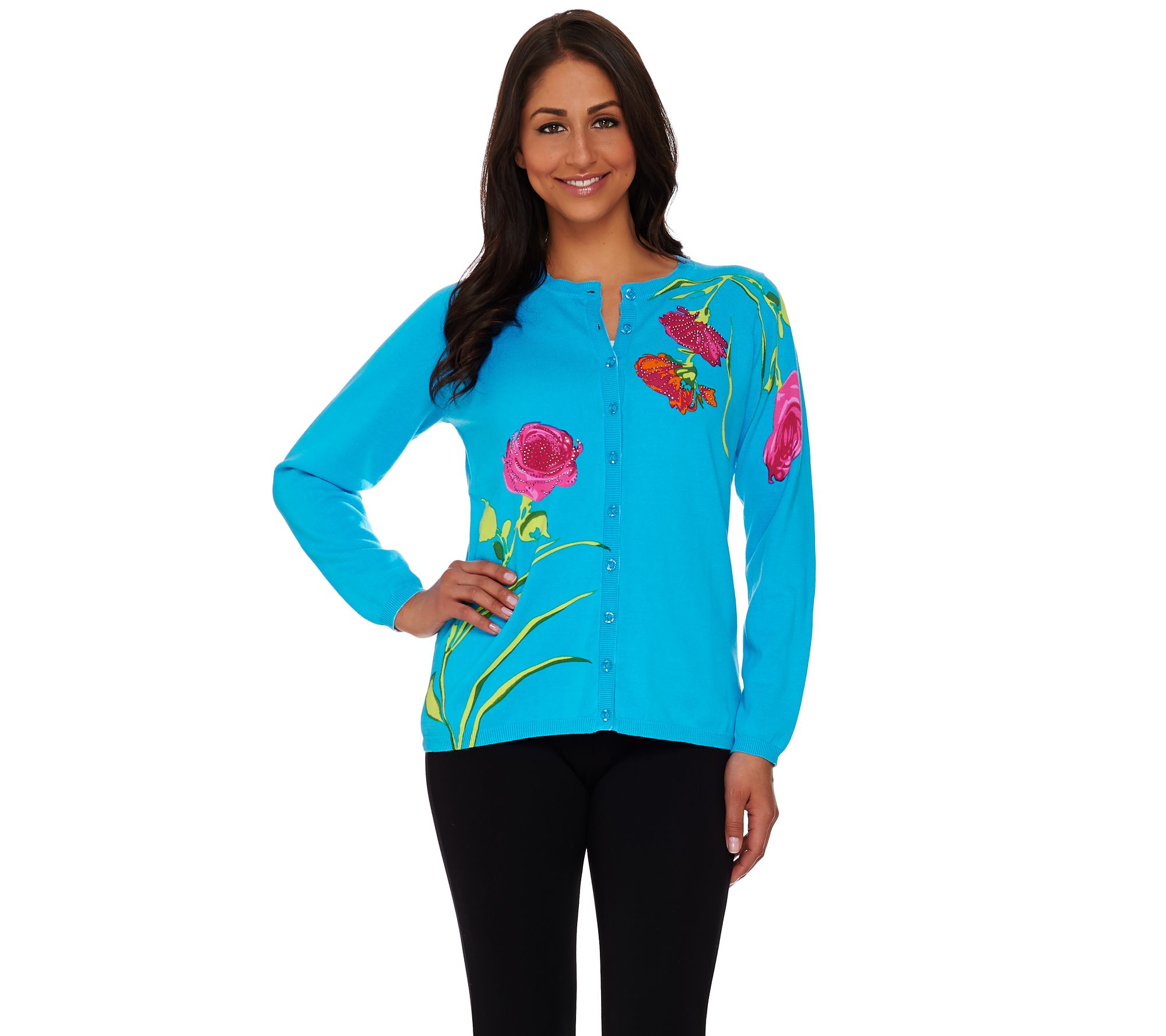 Quacker Factory Think Pink Sparkle Floral Printed Cardigan - A231275