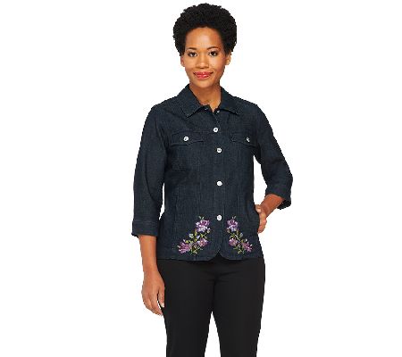 Denim & Co. 3/4 Sleeve Embroidered Jean Jacket - A232675