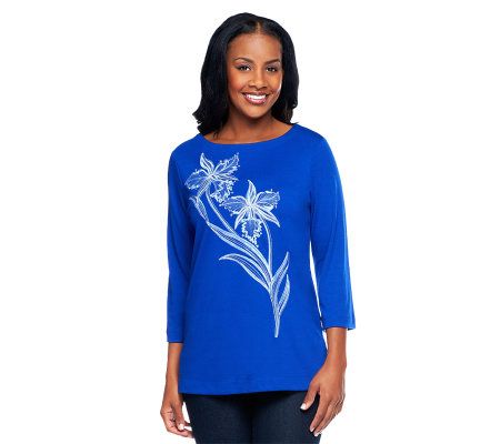 Bob Mackies Embroidered Floral 3/4 Sleeve T-shirt Series - A92175
