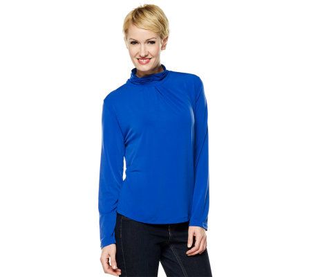 Susan Graver Liquid Knit Long Sleeve Top with Pleated Turtleneck - A92775