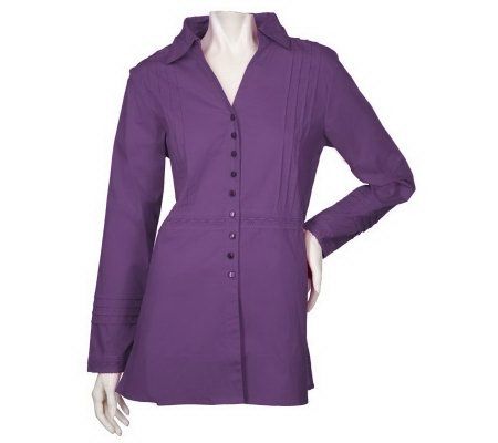 Susan Graver Stretch Button Front Shirt with Pintucks & Lace - A15176