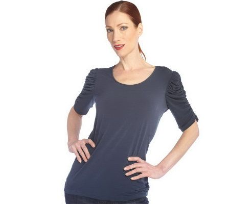 George Simonton Milky Knit Scoop Neck Top with Ruched Sleeves - A203676