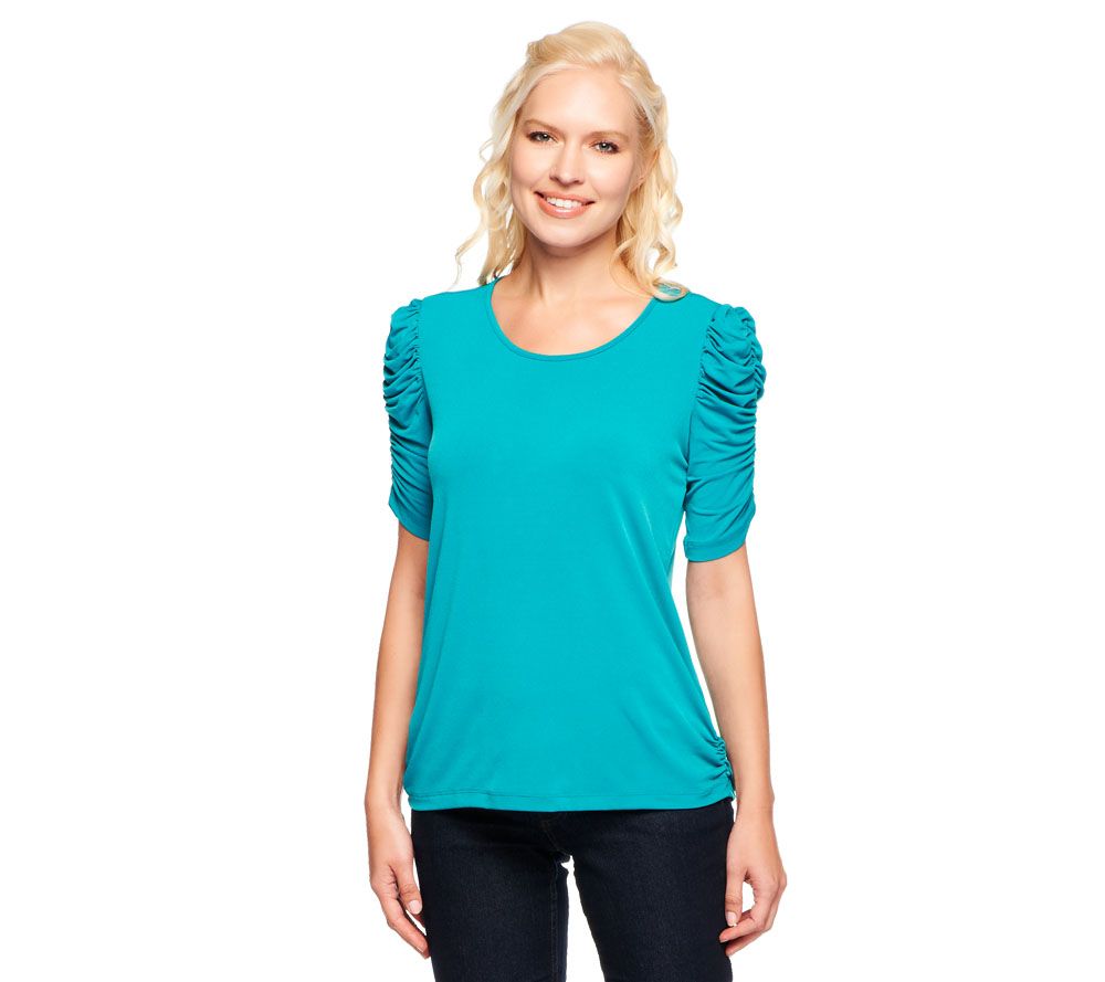 George Simonton Milky Knit Scoop Neck Top with Ruched Sleeves - A203676