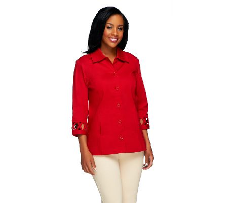 Denim & Co. 3/4 Sleeve Stretch Twill Shirt Jacket w/ Lattice Trim - A214076
