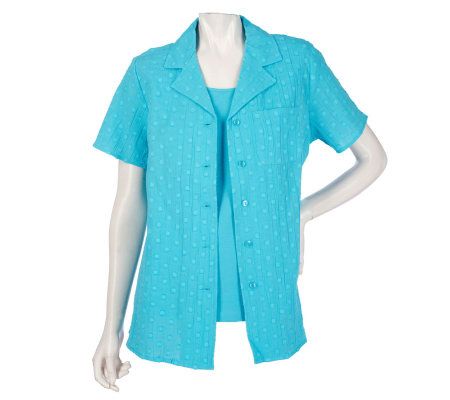 Denim & Co. Short Sleeve Clip Dot Camp Shirt with Knit Tank - A216276