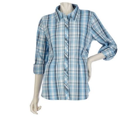 Denim & Co. Roll Sleeve Button Front Plaid Shirt - A217376