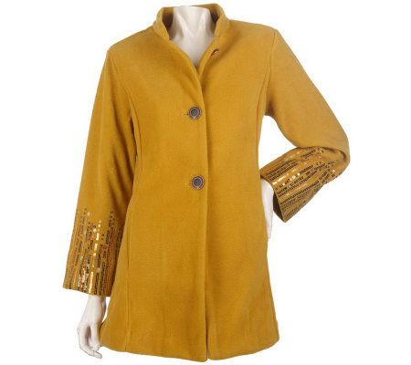 Bob Mackies Metallic Spangle Sleeve Fleece Coat w/ Button Front - A217776