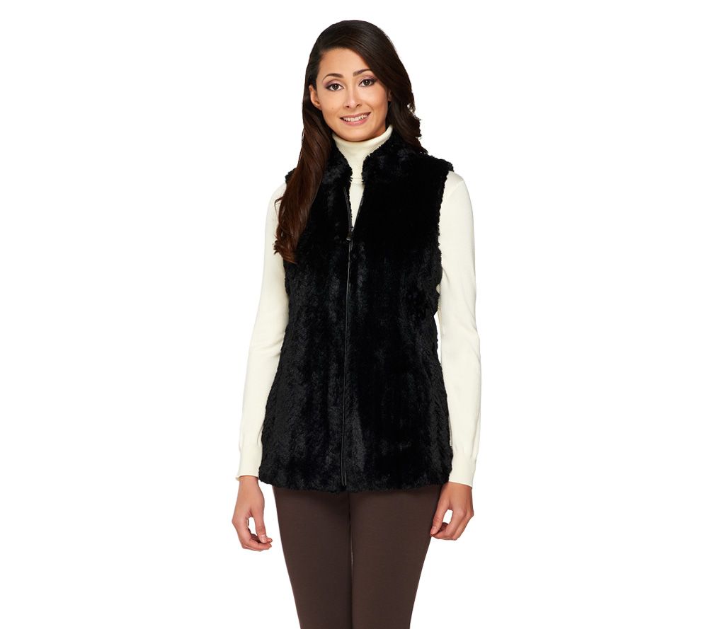Dennis Basso Textured Stand Collar Zip Front Faux Fur Vest - A219376