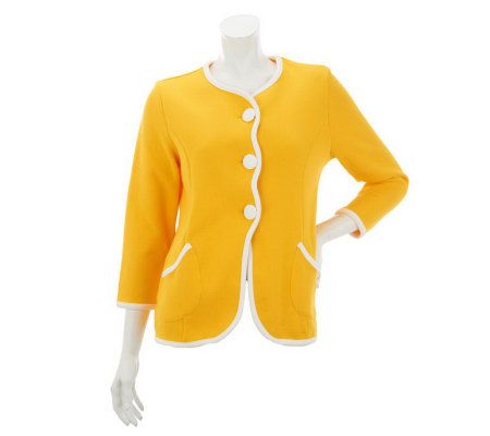 Bob Mackies Scalloped Front 3/4 Sleeve Cardigan with Contrast Piping - A221776