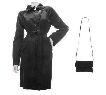 Dennis Basso Packable Taffeta Trench Coat with Belt and Bag - A223476