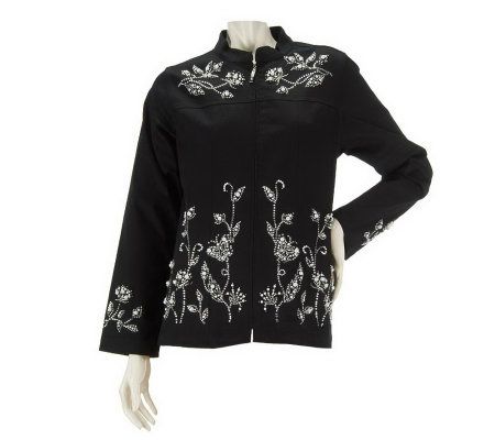 Quacker Factory Pearly Floral Embellished Zip Front Mandarin Collar Jacket - A223876