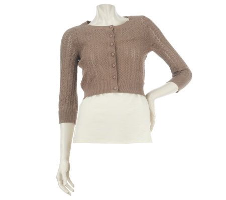 Motto 3/4 Sleeve Button Front Pointelle Shrug w/Rib Knit Trim - A223976