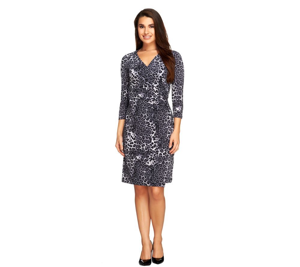 Susan Graver Printed Liquid Knit Surplice Wrap Dress with 3/4 Sleeves - A226876