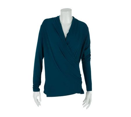 Linea by Louis DellOlio Drape Front Wrap Top with Ruching Detail - A229476