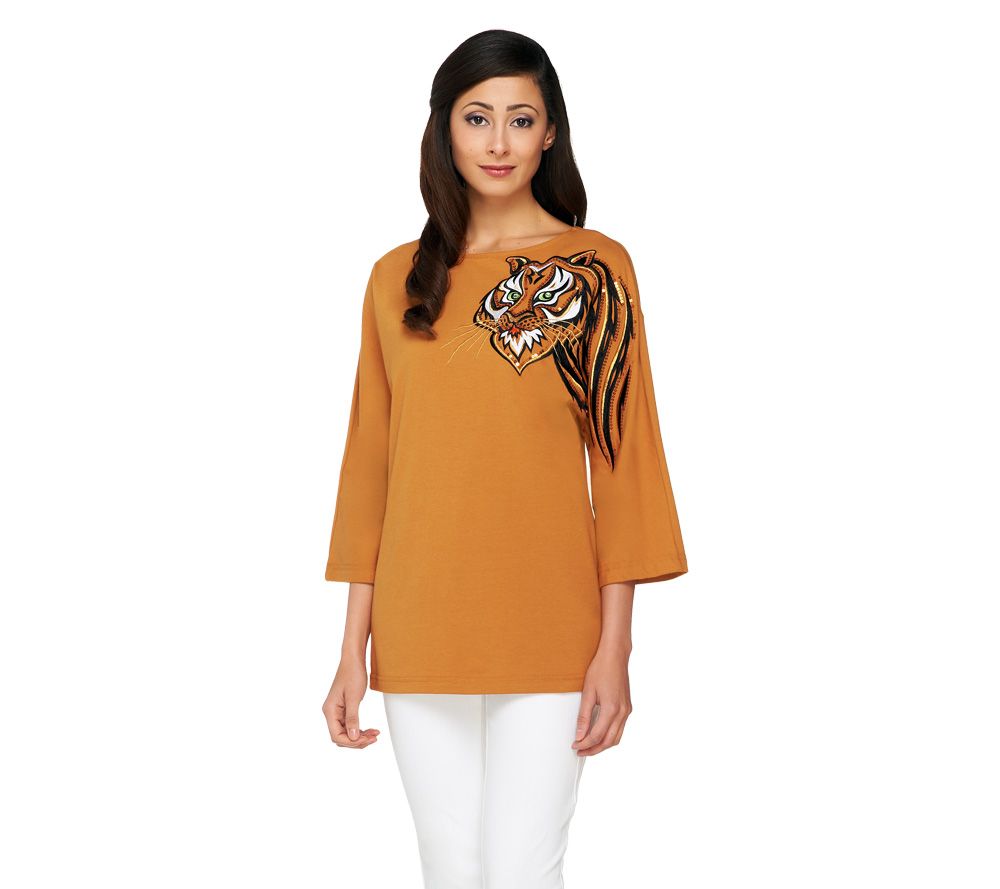 Bob Mackies 3/4 Sleeve Tiger Embroidered Top - A230976