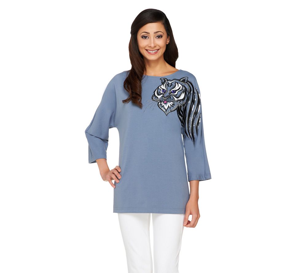 Bob Mackies 3/4 Sleeve Tiger Embroidered Top - A230976