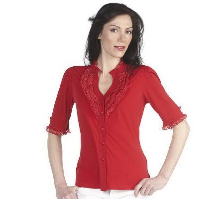 George Simonton Milky Knit Button Front Top with Ruffle Detail - A199777