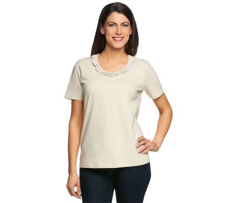 Denim & Co. Short Sleeve T-shirt with Ruffle Neckline - A214577