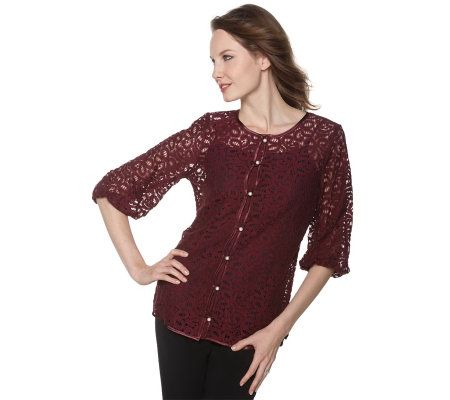 Dennis Basso Lace Button Front Cardigan with Blouson Sleeves - A215577