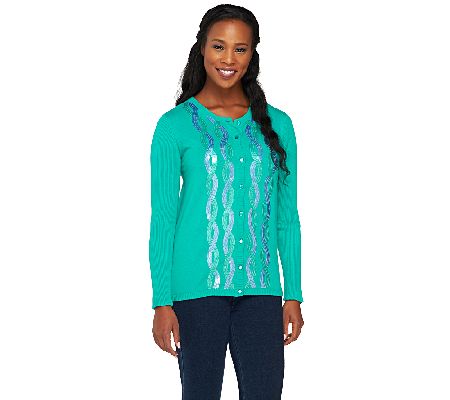 Bob Mackies Sequin Cable Front Long Sleeve Cardigan - A217777