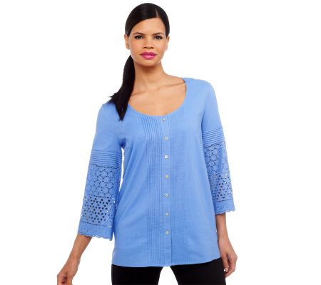 Isaac Mizrahi Live! Bell Sleeve Blouse w/Mixed Eyelet - A222077