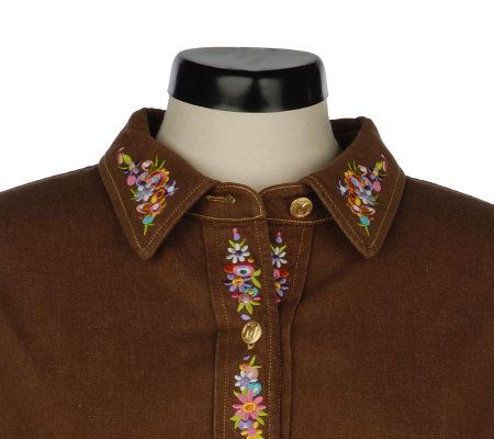 Bob Mackies Embroidered Flower Festival Denim Shirt Jacket