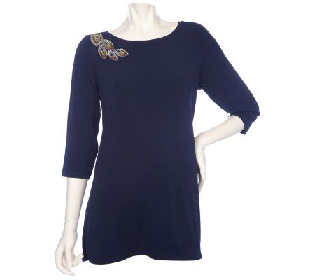 Susan Graver Liquid Knit Top with Beaded Leaf Applique - A201878