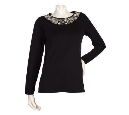 Bradley by Bradley Bayou Stretch Knit Top with Beaded Trim - A209778