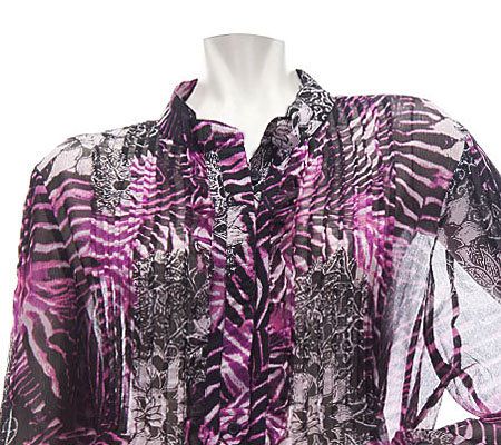 Dennis Basso Mixed Print Mandarin Collar Tunic with Tuxedo Pleats