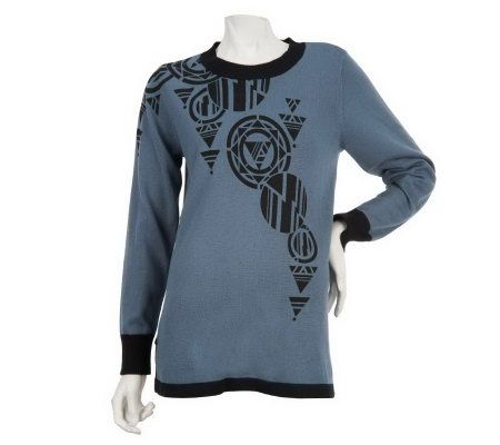 Bob Mackies Art Deco Print Sweater with Contrast Rib Knit Trim - A227378