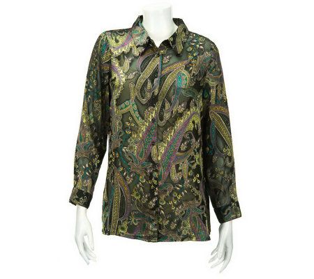 Susan Graver Paisley Print Burnout Satin Long Sleeve Big Shirt - A228078