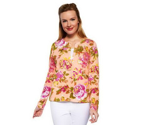 Isaac Mizrahi Live! Crochet Neck Cottage Rose Print Cardigan - A230578