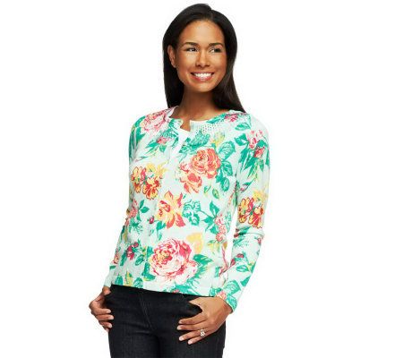 Isaac Mizrahi Live! Crochet Neck Cottage Rose Print Cardigan - A230578