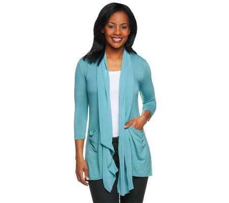 LOGO by Lori Goldstein Knit Cardigan with Chiffon Drape Trim - A233678