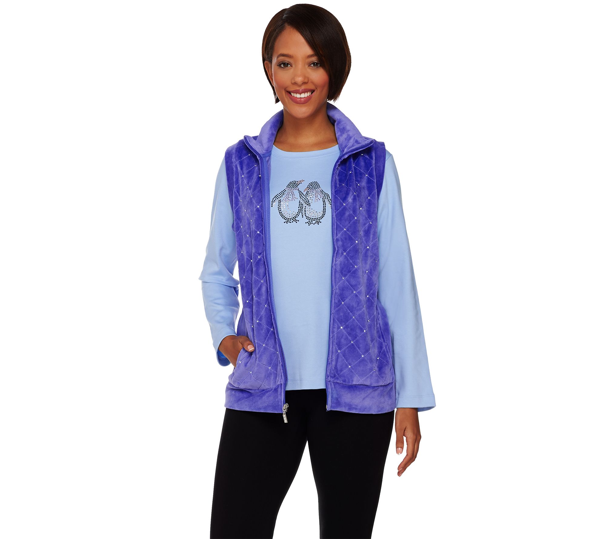 Quacker Factory Sparkle Velour Vest with Rhinestud Long Sleeve Tee - A92078