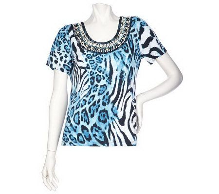 Susan Graver Liquid Knit U-Neck Top w/ Bead & Shell Embellishments - A200679