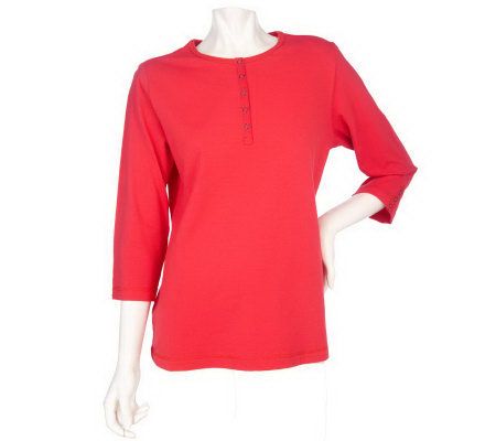 Denim & Co. 3/4 Sleeve Henley with Contrast Snap Trim - A202179