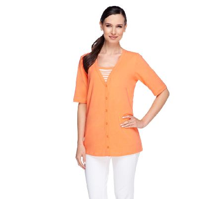 Denim & Co. Elbow Sleeve Knit Cardigan w/ Striped Duet - A213679