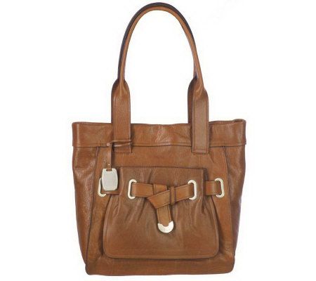 B.Makowsky Glazed Leather Snap-Top Tote with Belting Accent - A219179