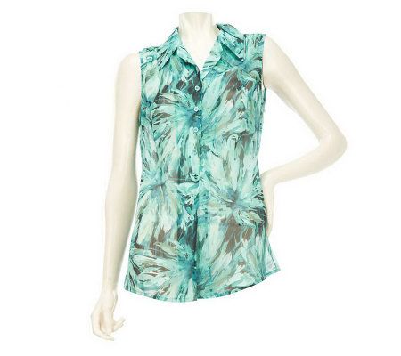 Motto Floral Printed Button Front Collared Sleeveless Top - A222279