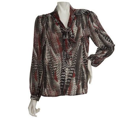 Linea by Louis DellOlio Feather Print Tie Neck Blouse - A227579
