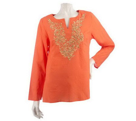 As Is Susan Graver Cotton Lawn Split Neck Top w/ Embroid. - A229979