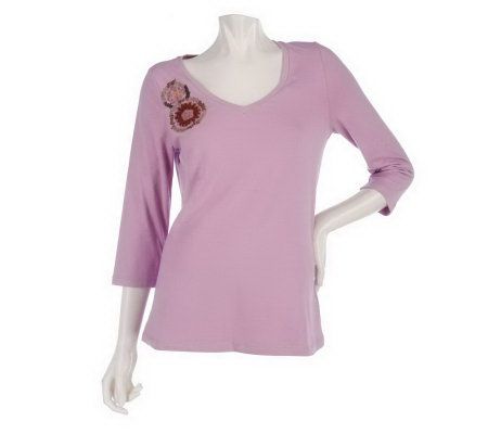 As Is Motto 3 /4 Sleeve Knit T-shirt w/ Floral Applique - A230179