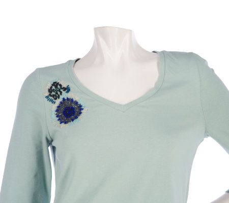 As Is Motto 3 /4 Sleeve Knit T-shirt w/ Floral Applique
