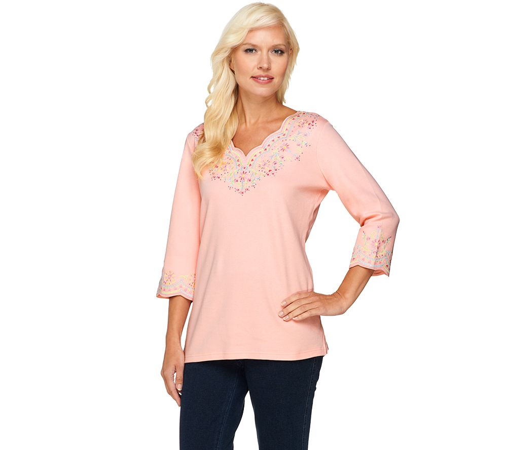 Quacker Factory Lacey Scallop Embroidered 3/4 Sleeve Top - A231179