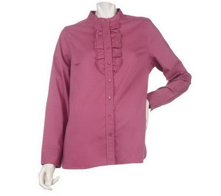 As Is Denim & Co. Button Front Mandarin Collar Ruffle Shirt - A237179