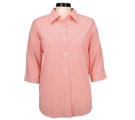 Denim & Co. Stretch Gingham 3/4 Sleeve Cuffed Shirt - A30079