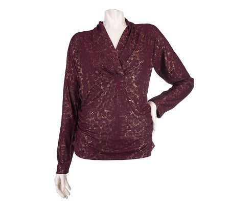 Dialogue Long Sleeve Foil Print Knit Top with Shirring Detail - A93079