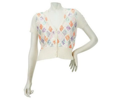 Isaac Mizrahi Live! Sequin Argyle V-Neck Cropped Cardigan - A213380