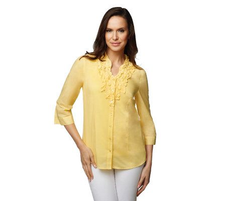 Denim & Co. 3/4 Sleeve Woven Shirt w/Ruffle Detail and Knit Tank - A216080